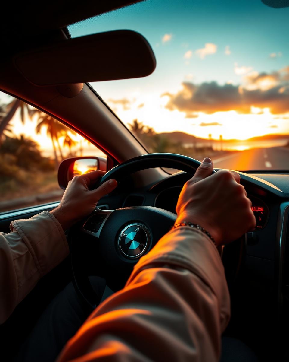 Mains sur le volant, conduite détendue au coucher de soleil